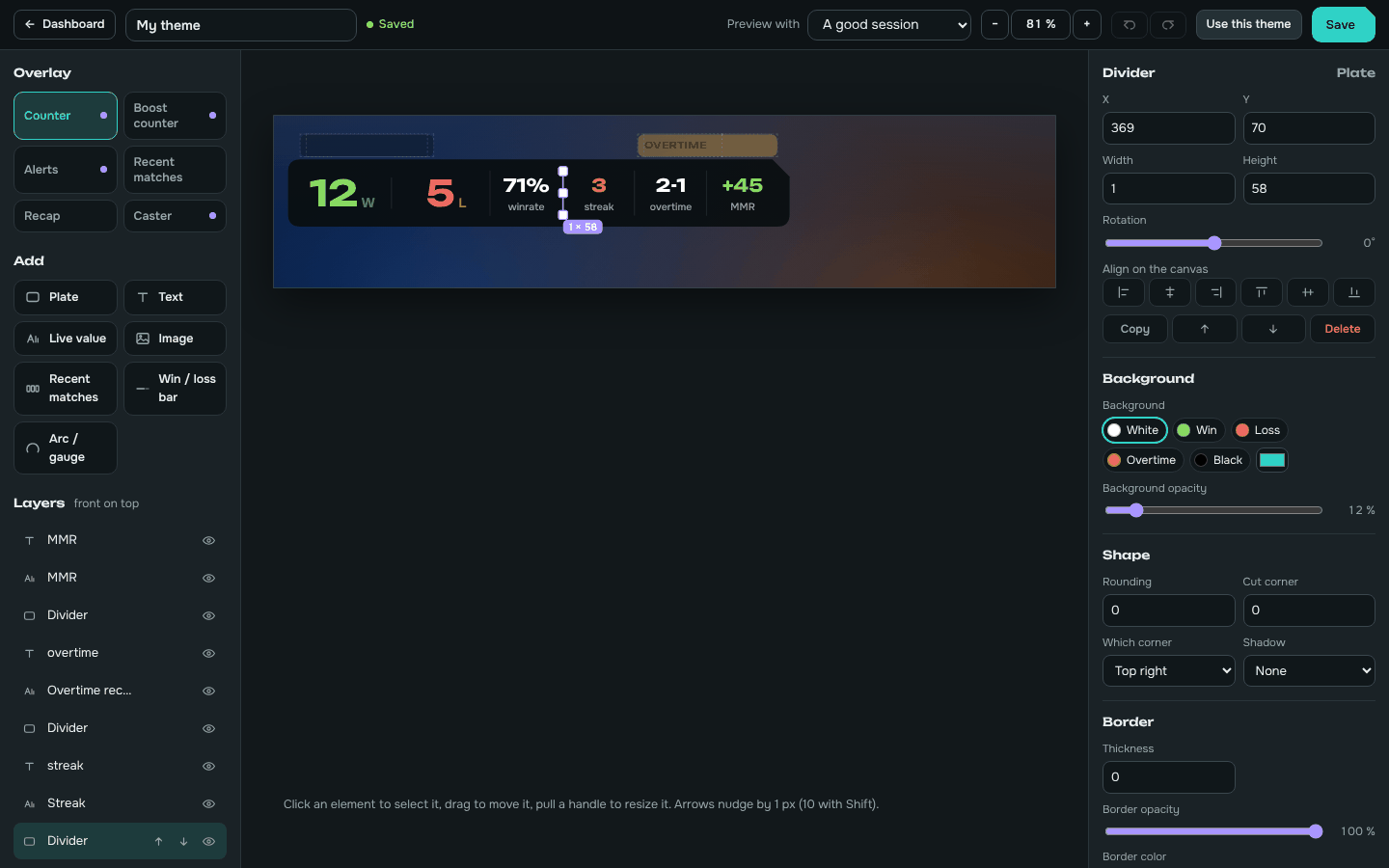 The RL-UI theme editor: layers on the left, the counter on the canvas, settings on the right