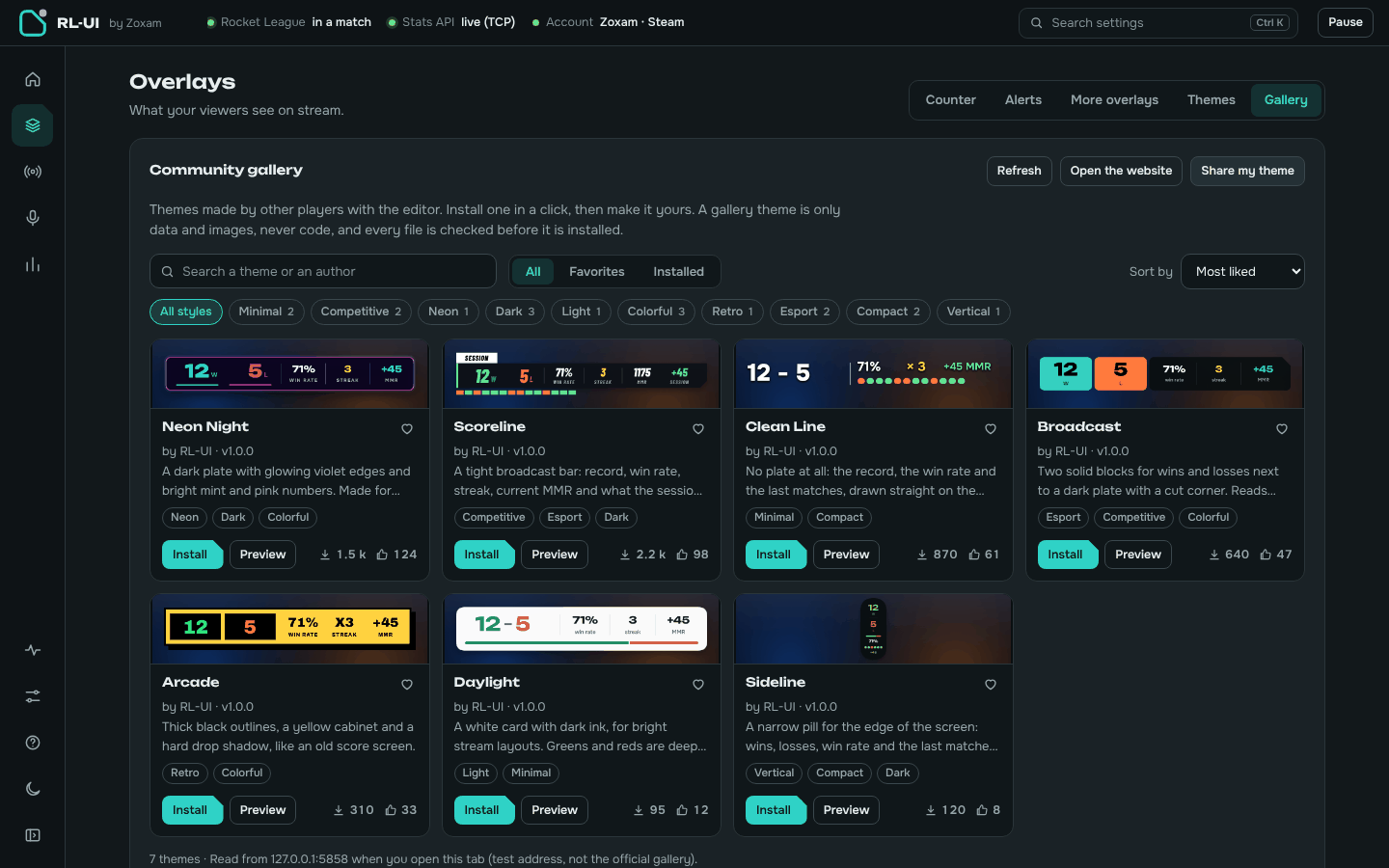 The community theme gallery inside RL-UI